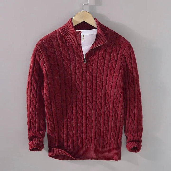 Herr kabelstickad pullover med zippered krage