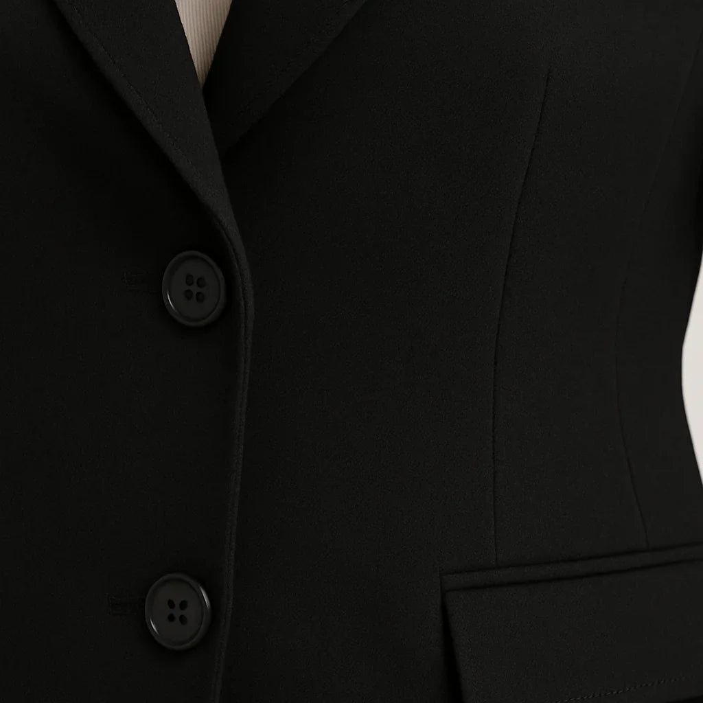 Klassisk svart skräddarsydd kavaj med två knappar fram och skårad revers.