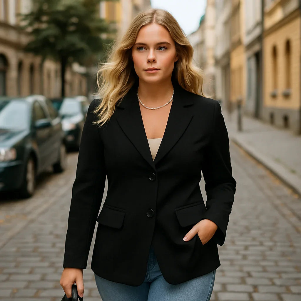 Klassisk svart skräddarsydd kavaj med två knappar fram och skårad revers.