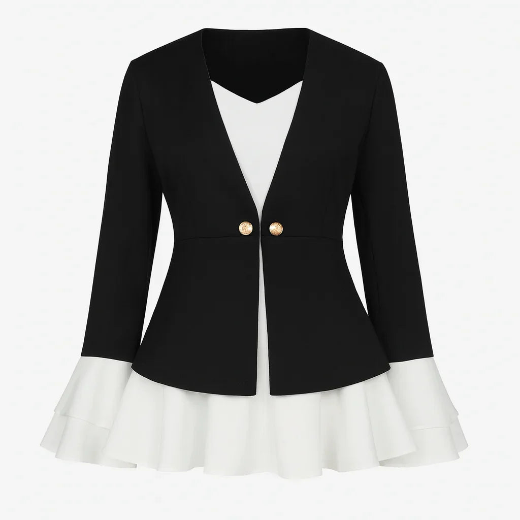 Svart kavaj med guldknappar, lager på lager i vit kant och utsvängda manschetter