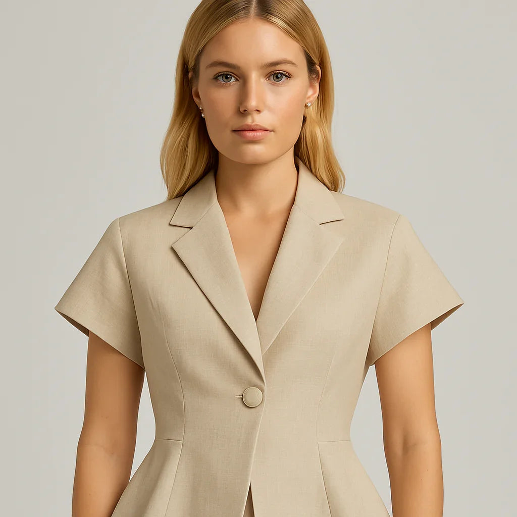 Beige blazer med korta ärmar, skräddarsydd midja och utsvängd fåll.