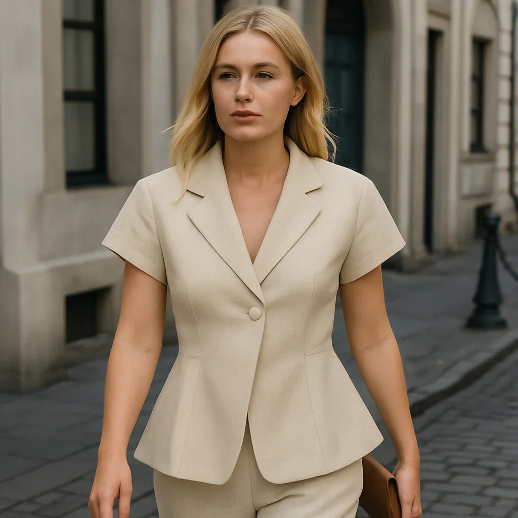 Beige blazer med korta ärmar, skräddarsydd midja och utsvängd fåll.