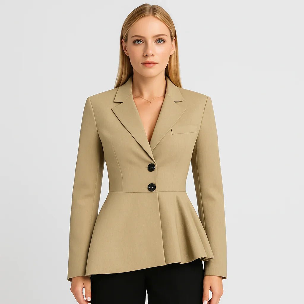 Beige peplumkavaj med dubbelknäppning och skräddarsydd passform