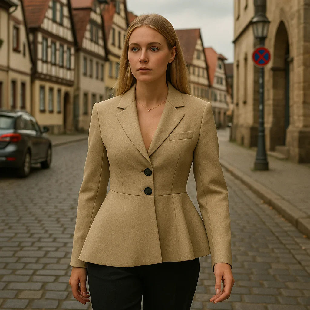 Beige peplumkavaj med dubbelknäppning och skräddarsydd passform