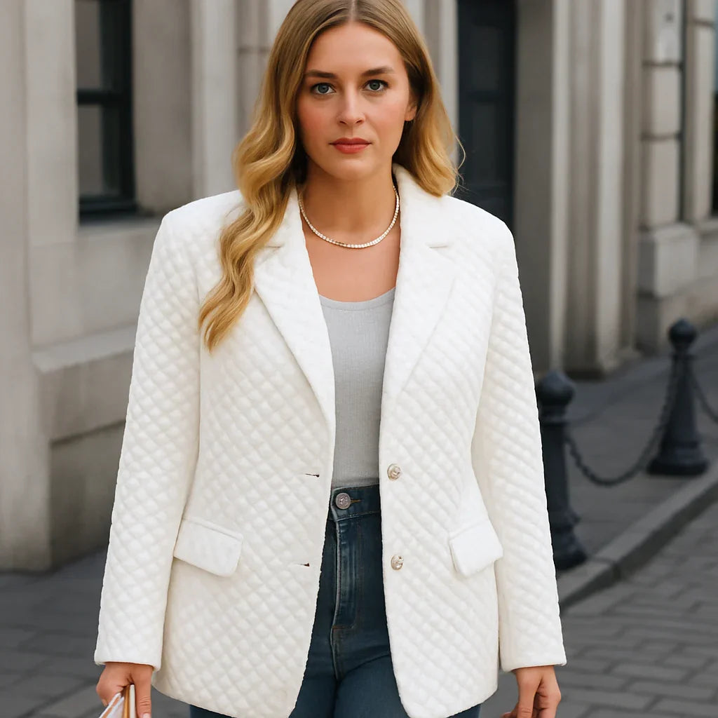 Vit texturerad kavaj med quiltat tyg och två knappar fram