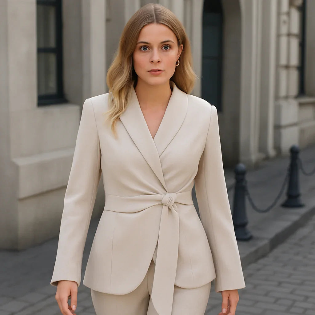 Wrap-kavaj med knytband i midjan och utsvängda ärmar