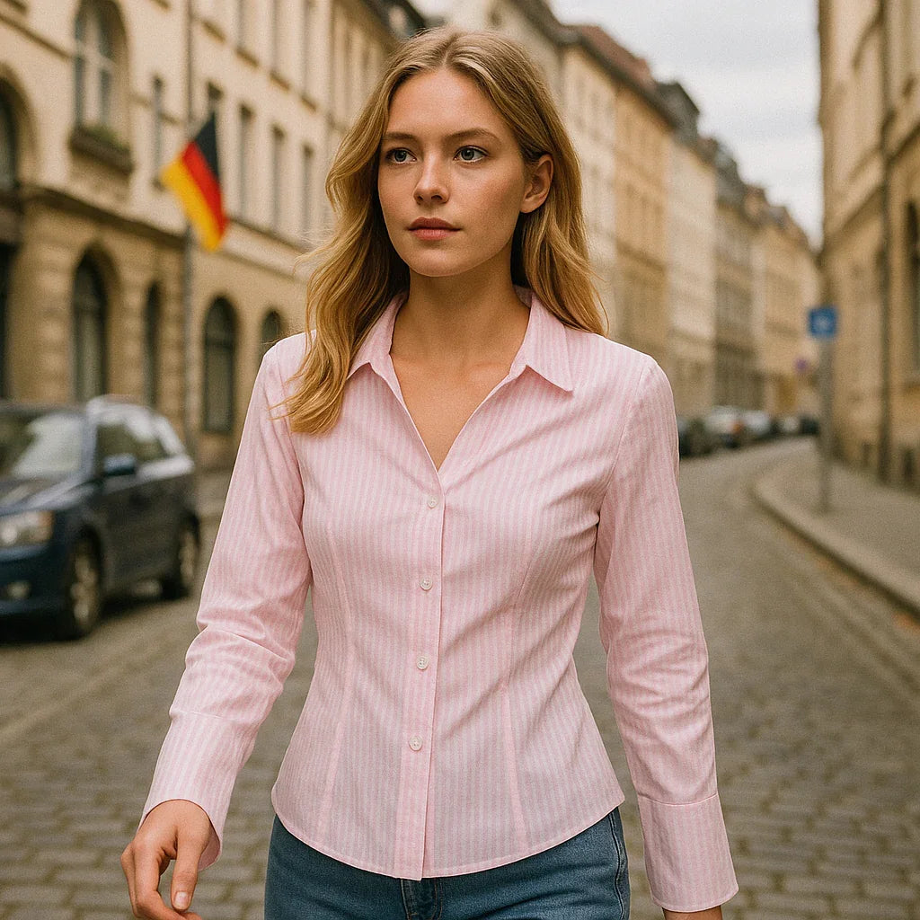 Långärmad skjorta med rosa ränder och utsvängda manschetter