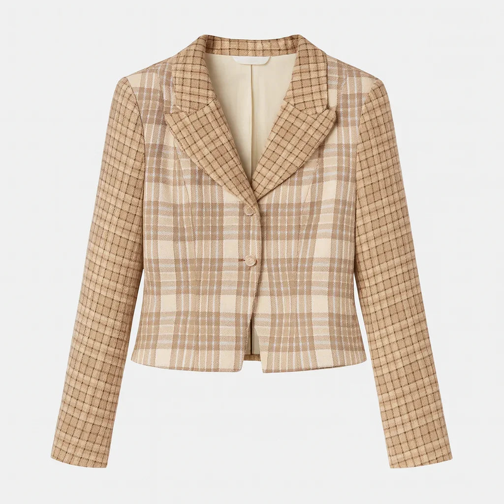 Beige rutig kort blazer med skårad krage och enkel knäppning