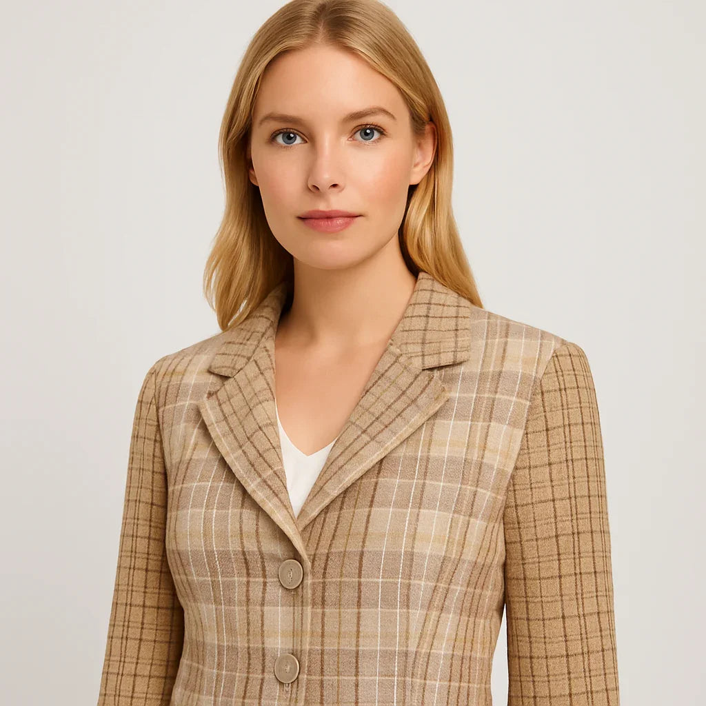 Beige rutig kort blazer med skårad krage och enkel knäppning
