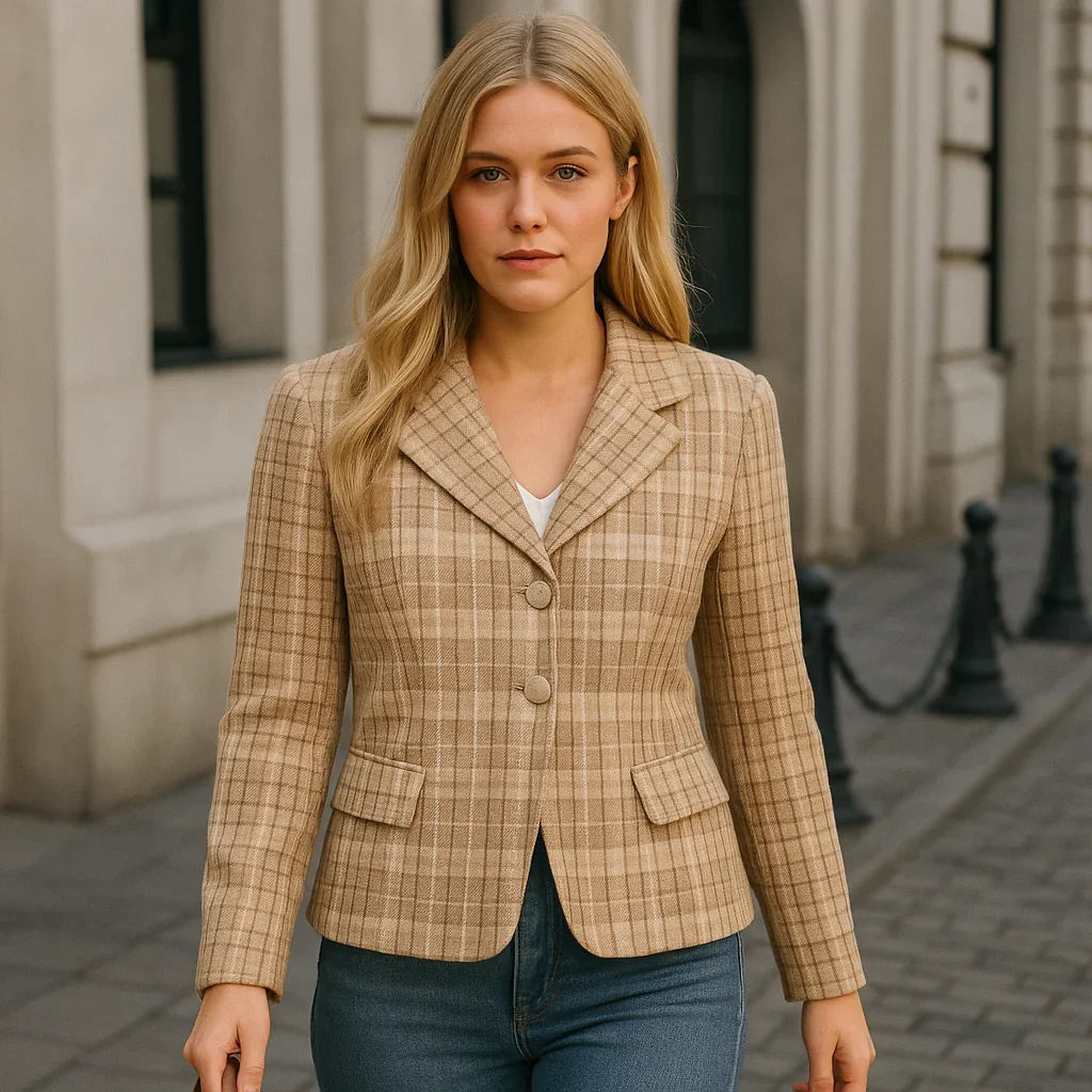 Beige rutig kort blazer med skårad krage och enkel knäppning