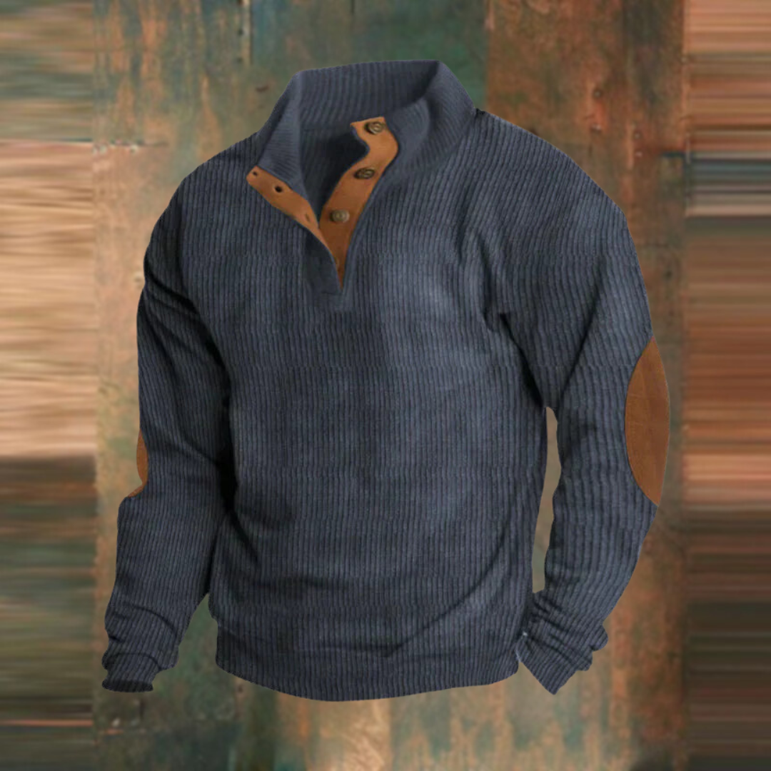 Herr ledig ribbstickad tröja med knappslå vid den krage