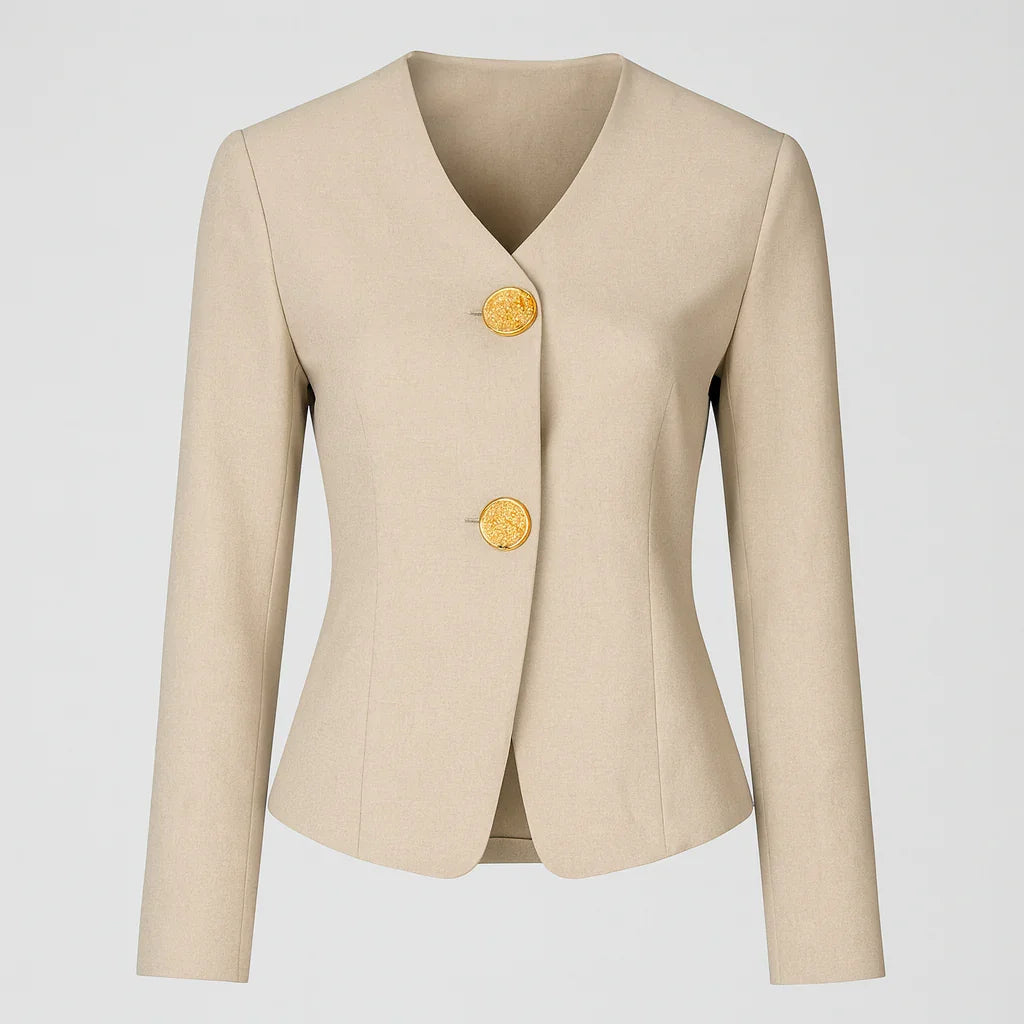 Beige blazer med V-ringning och överdimensionerade guldknappar