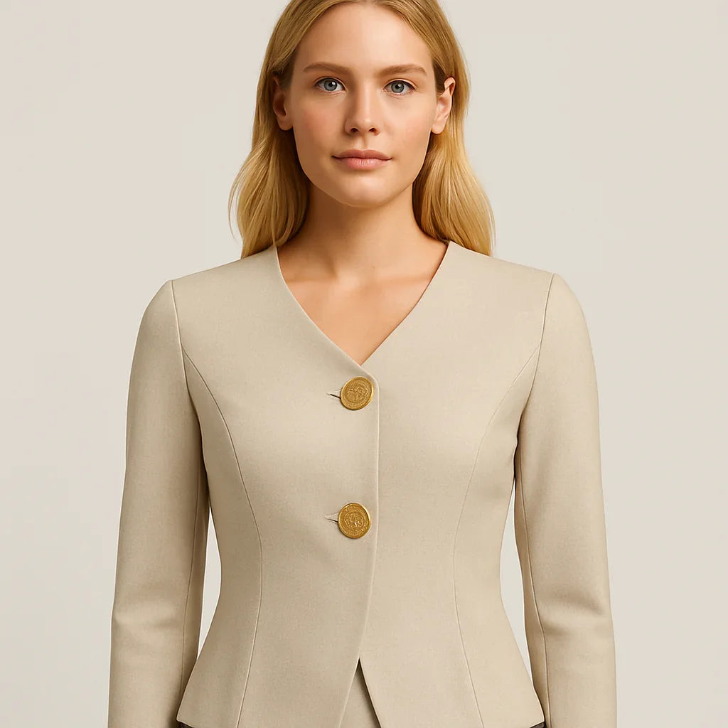 Beige blazer med V-ringning och överdimensionerade guldknappar