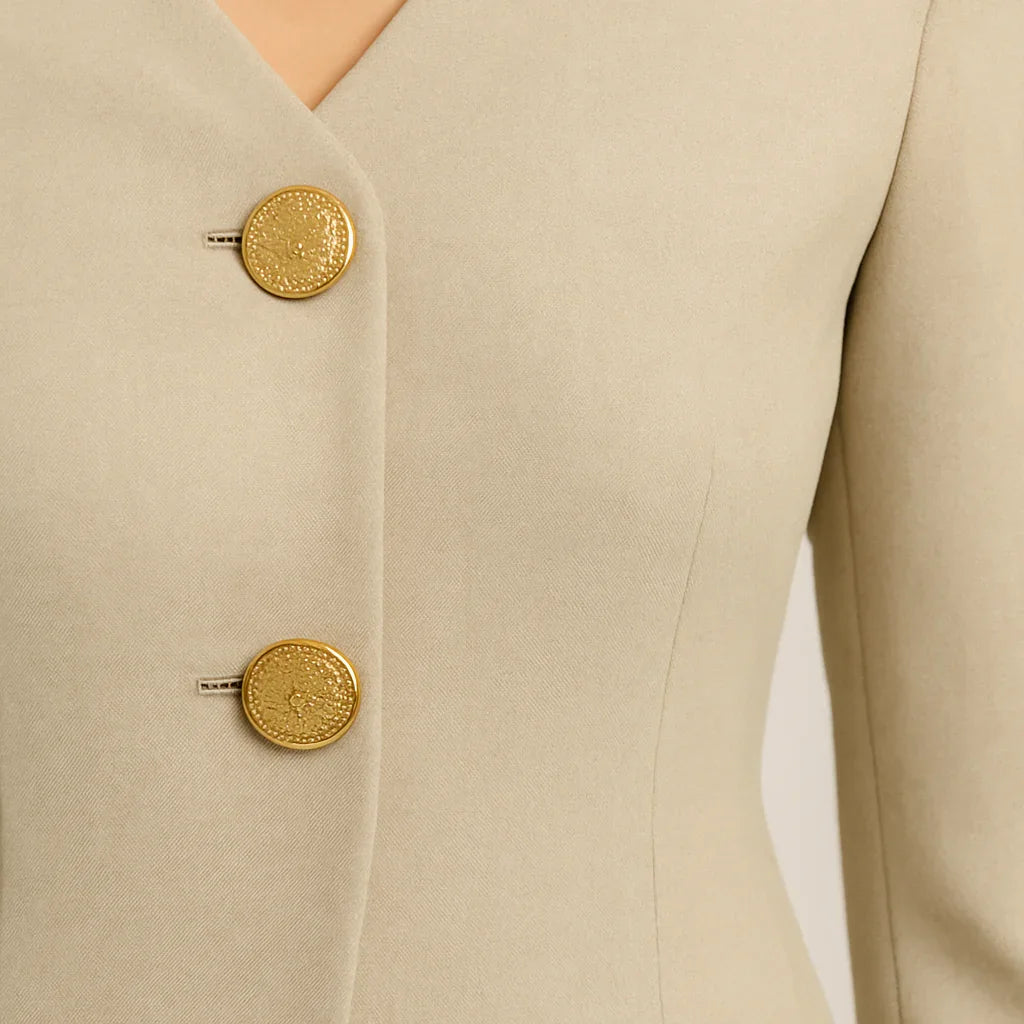 Beige blazer med V-ringning och överdimensionerade guldknappar