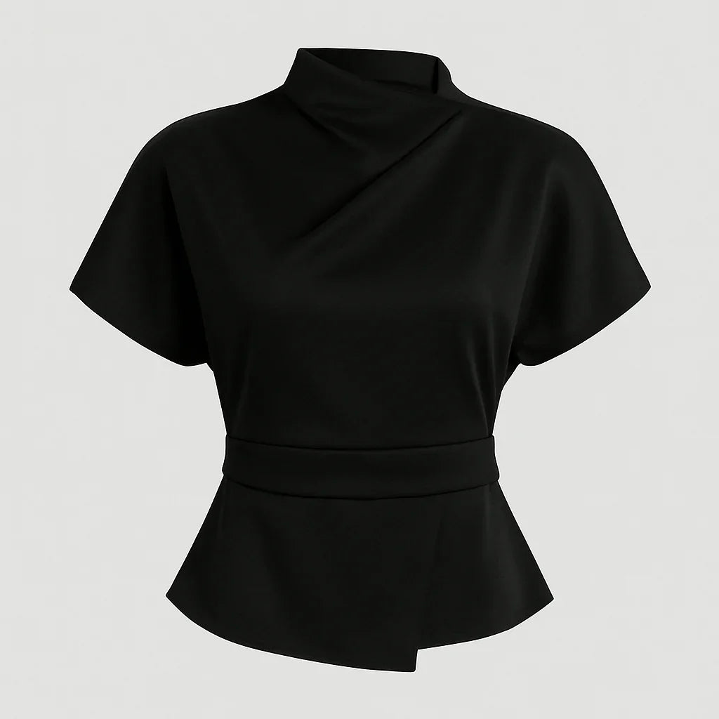 Svart draperad kortärmad topp med insvängd midja och hög halsringning