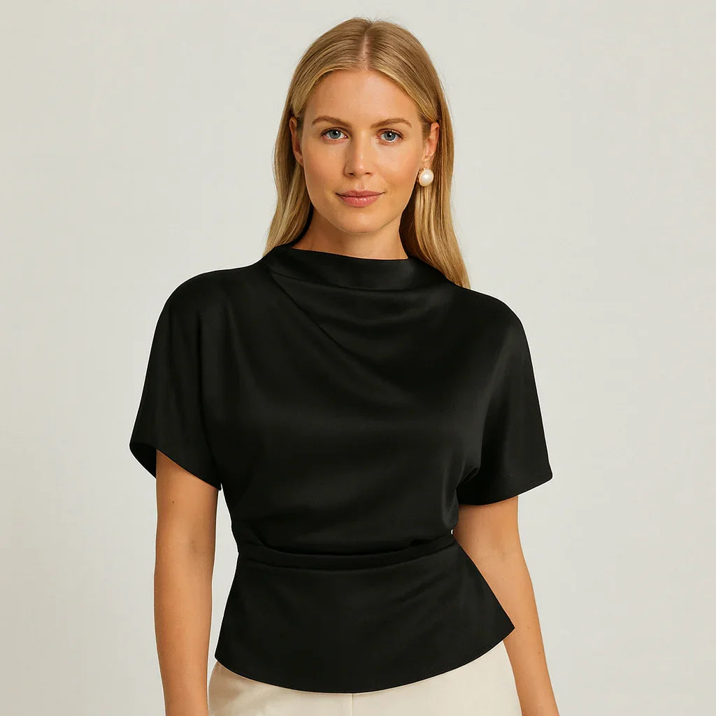 Svart draperad kortärmad topp med insvängd midja och hög halsringning