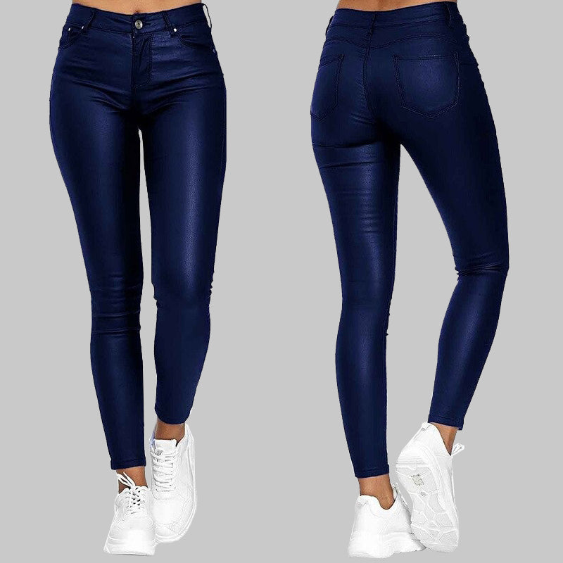 Dam skinny byxor i PU-läder med hög midja och stretch