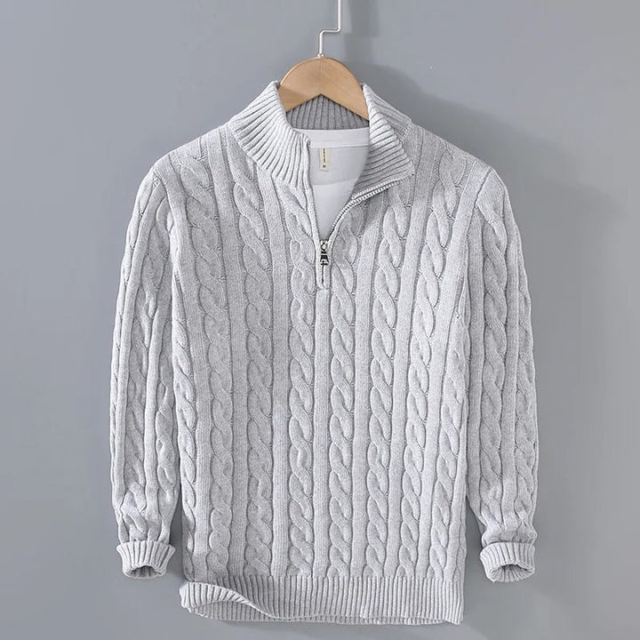 Herr kabelstickad pullover med zippered krage