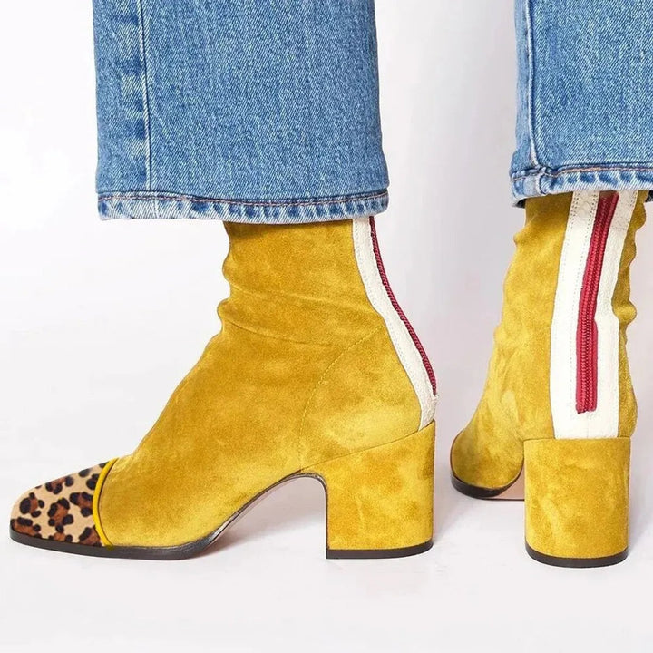 Dam ankelboots mocka blockklack leopardmönster keps dragkedja