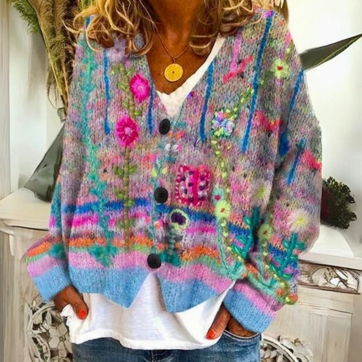 Dam färgstark pullover bohemisk kofta knäppt