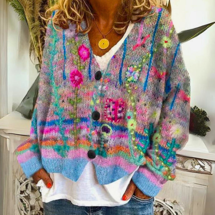 Dam färgstark pullover bohemisk kofta knäppt