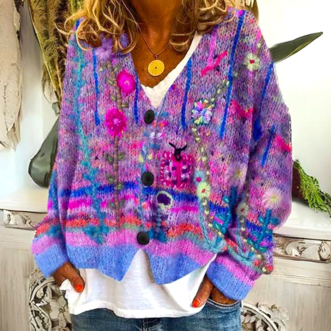 Dam färgstark pullover bohemisk kofta knäppt
