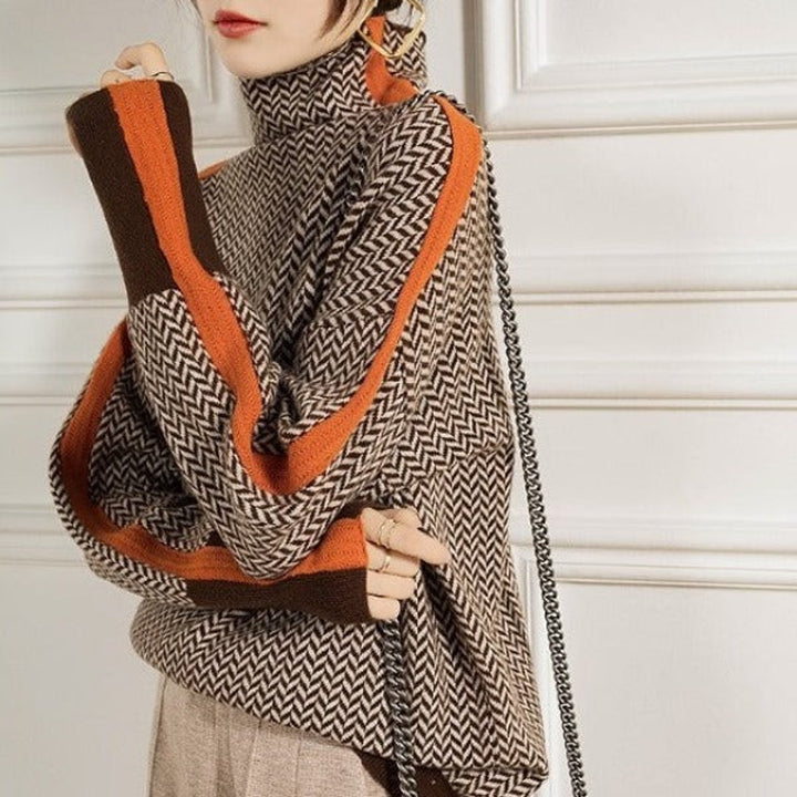 Dam hundtandsmönster polokrage tröja oversize pullover