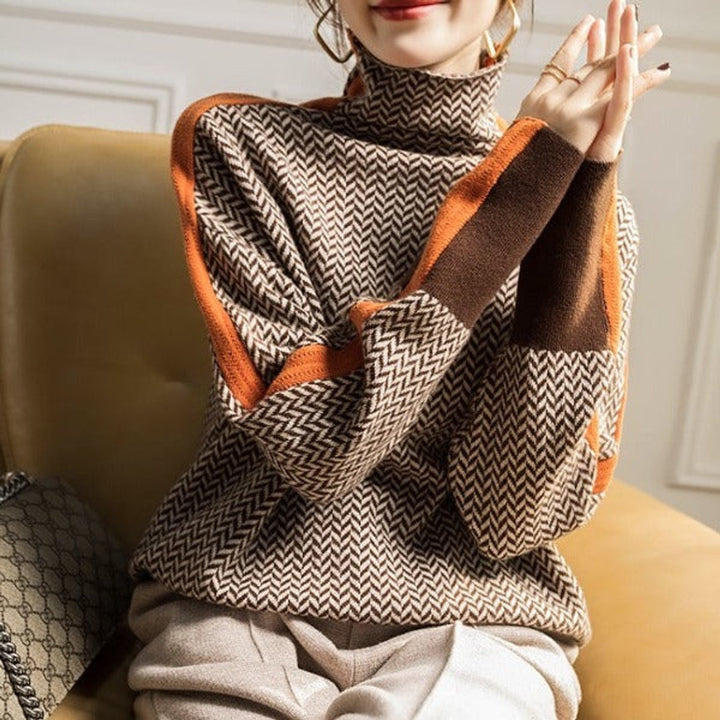 Dam hundtandsmönster polokrage tröja oversize pullover
