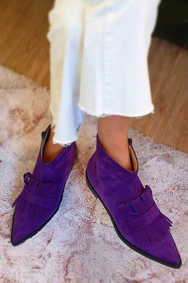 Dam fransar ankelboots spetsig tå mocka stil