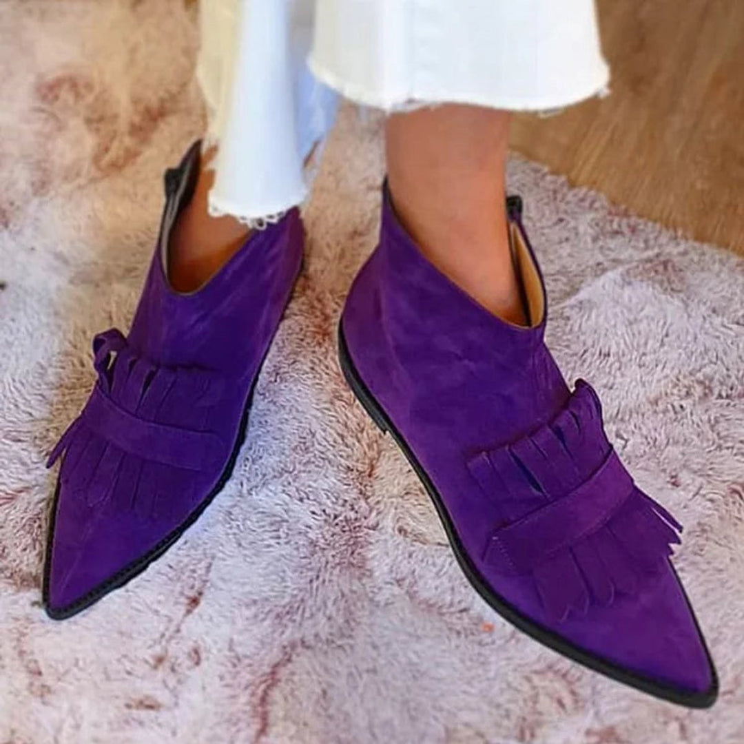 Dam fransar ankelboots spetsig tå mocka stil