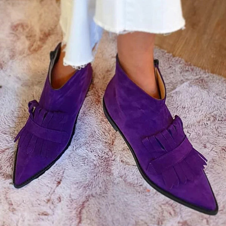 Dam fransar ankelboots spetsig tå mocka stil