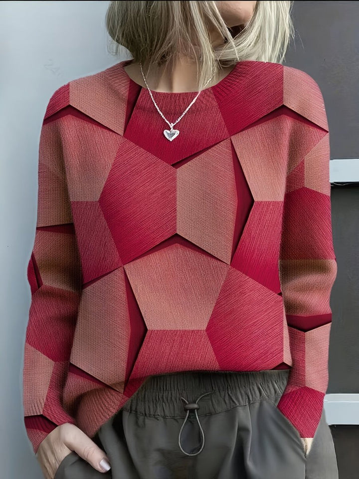 Dam stickad tröja med geometric 3d mönster rund halsringning långärmad