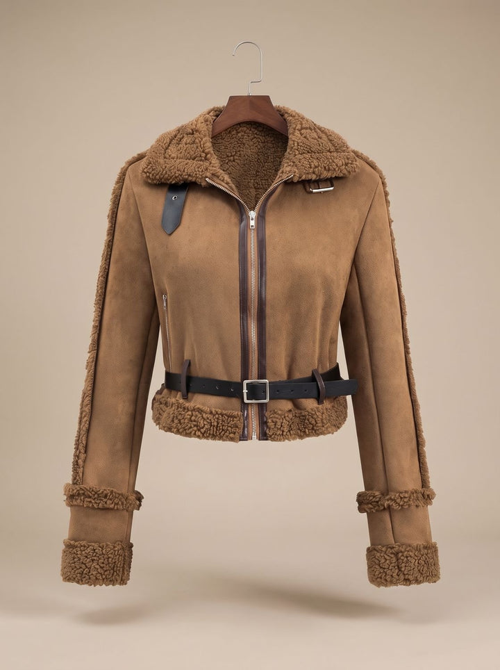 Dam kort teddyjacka fuskpäls mocka stil med bälte