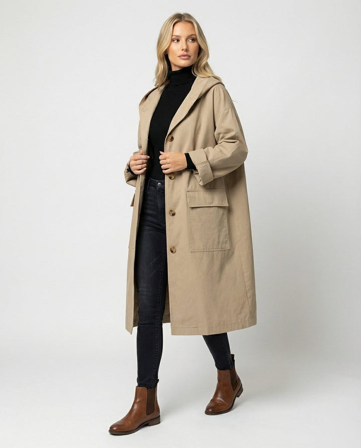 Dam lång vattenavvisande vindtät trenchcoat med huva