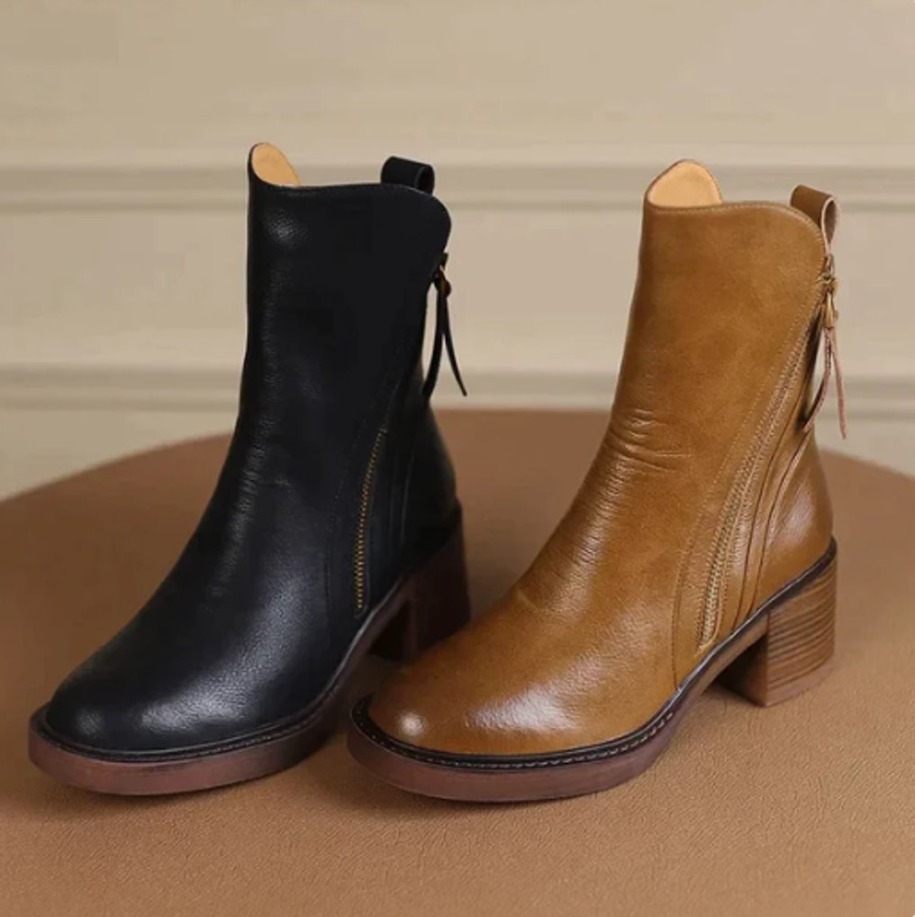 Dam läder ankelboots med blockklack och dragkedja