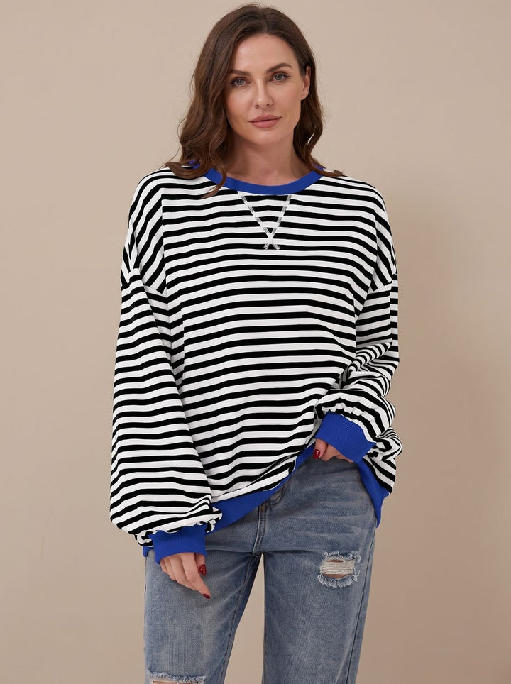 Dam oversize college-tröja retro ränder rund halsringning långärmad