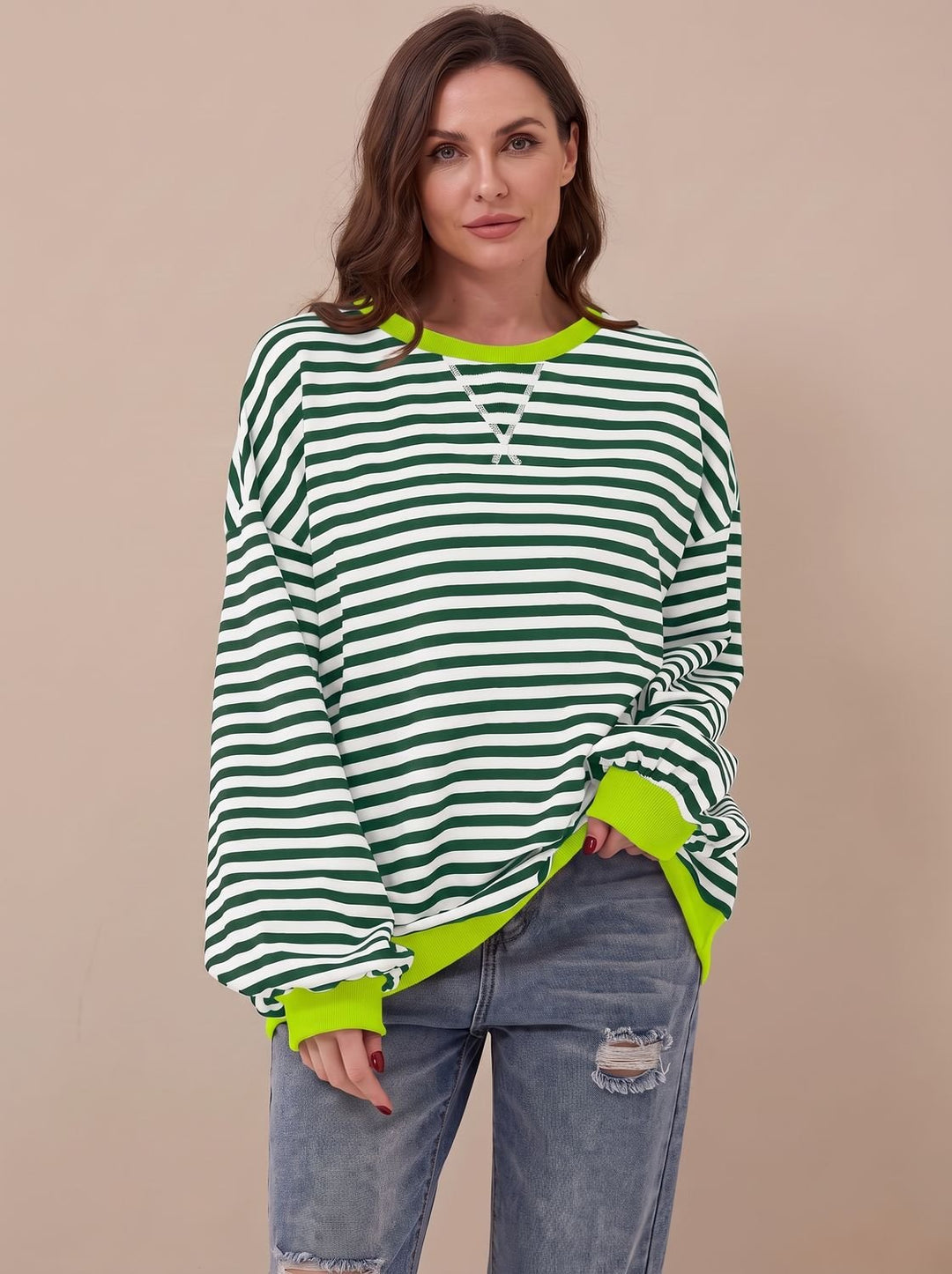 Dam oversize college-tröja retro ränder rund halsringning långärmad