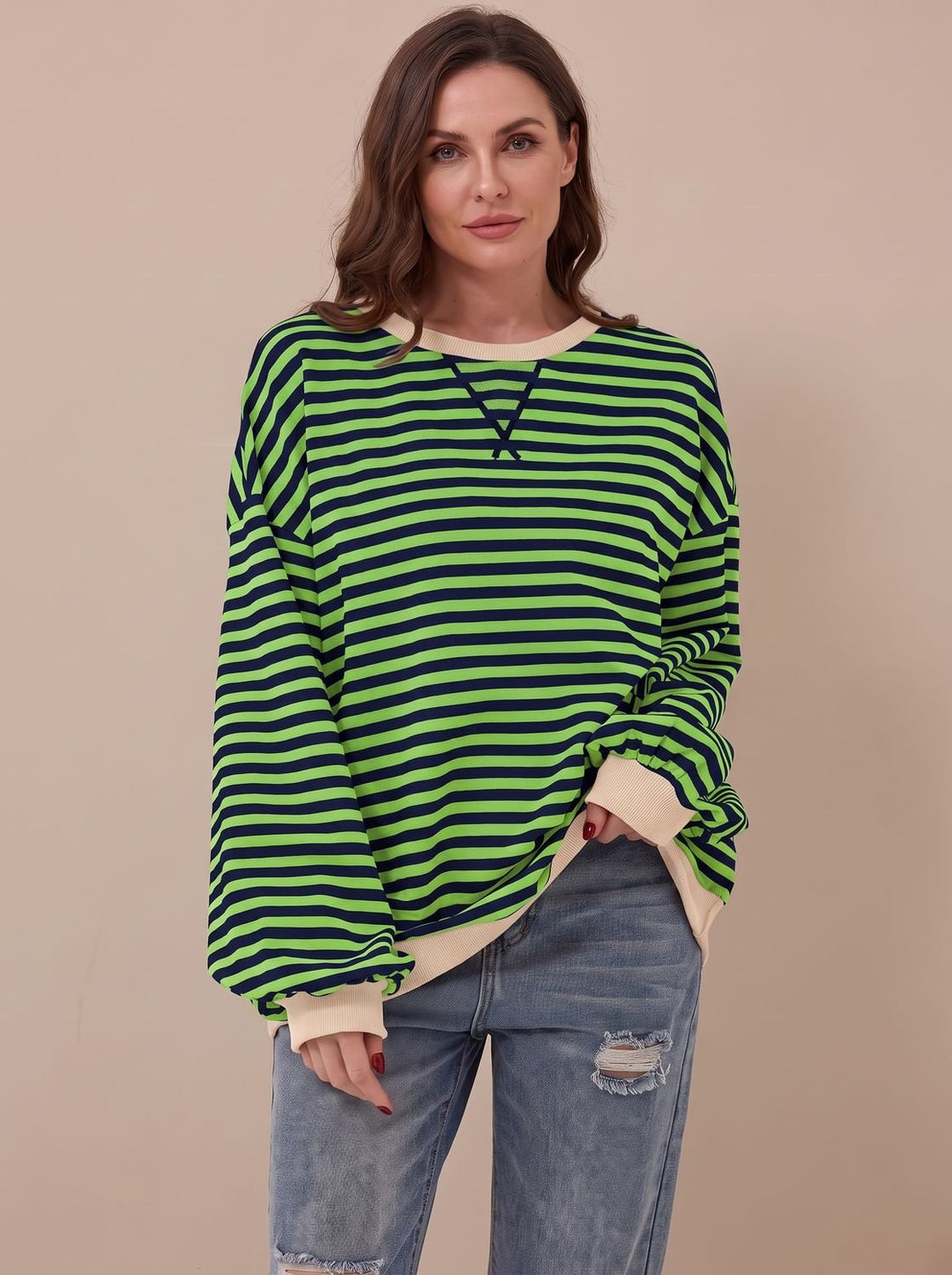 Dam oversize college-tröja retro ränder rund halsringning långärmad