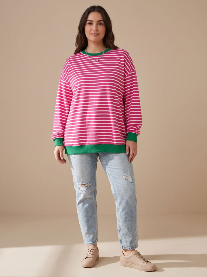 Dam oversize college-tröja retro ränder rund halsringning långärmad