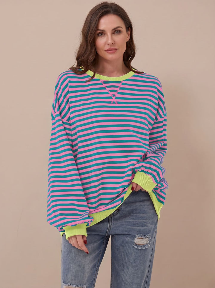 Dam oversize college-tröja retro ränder rund halsringning långärmad