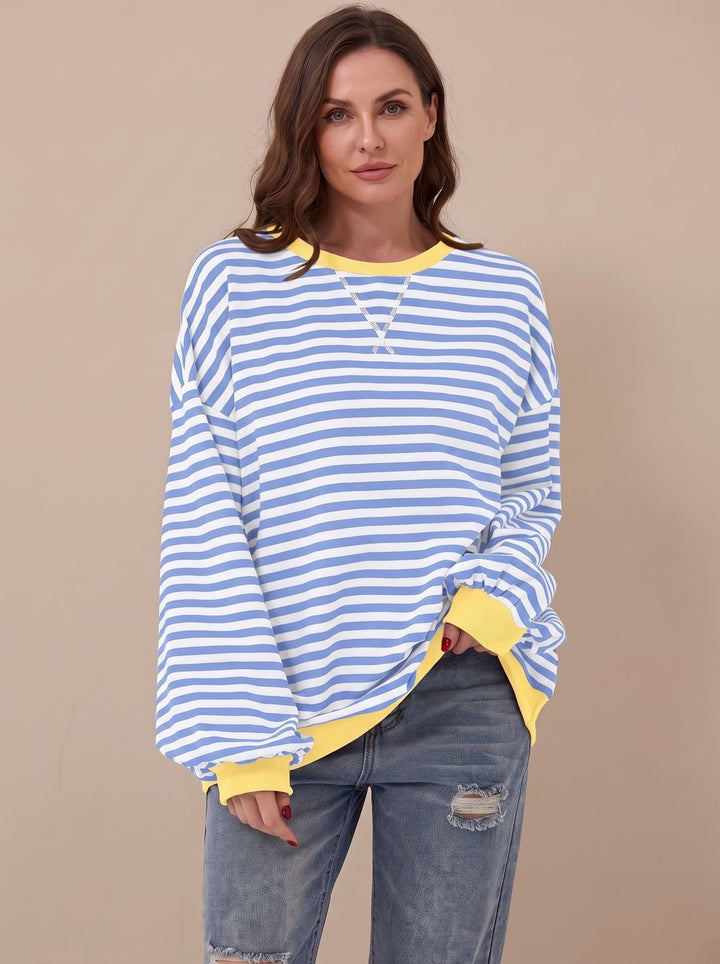 Dam oversize college-tröja retro ränder rund halsringning långärmad