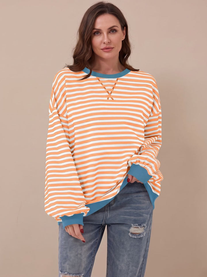 Dam oversize college-tröja retro ränder rund halsringning långärmad