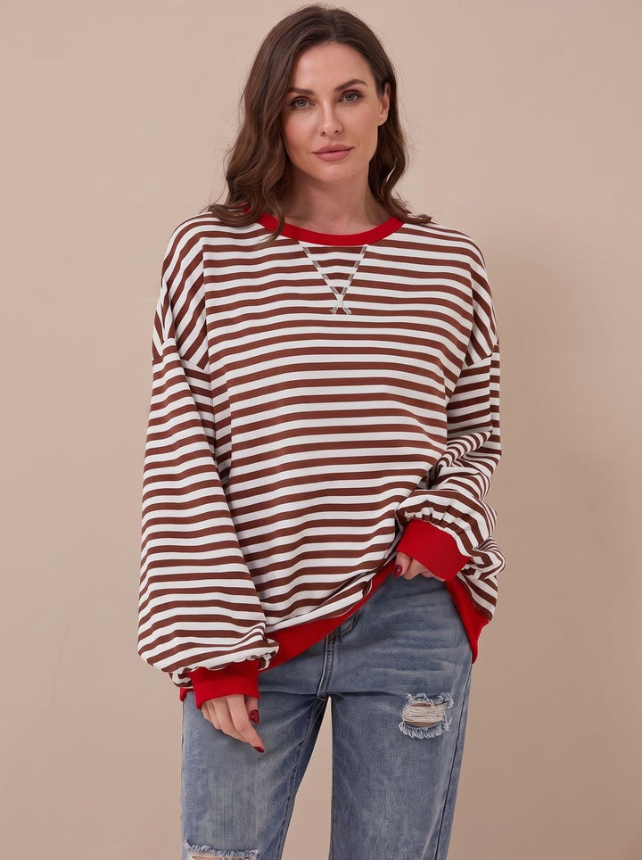 Dam oversize college-tröja retro ränder rund halsringning långärmad