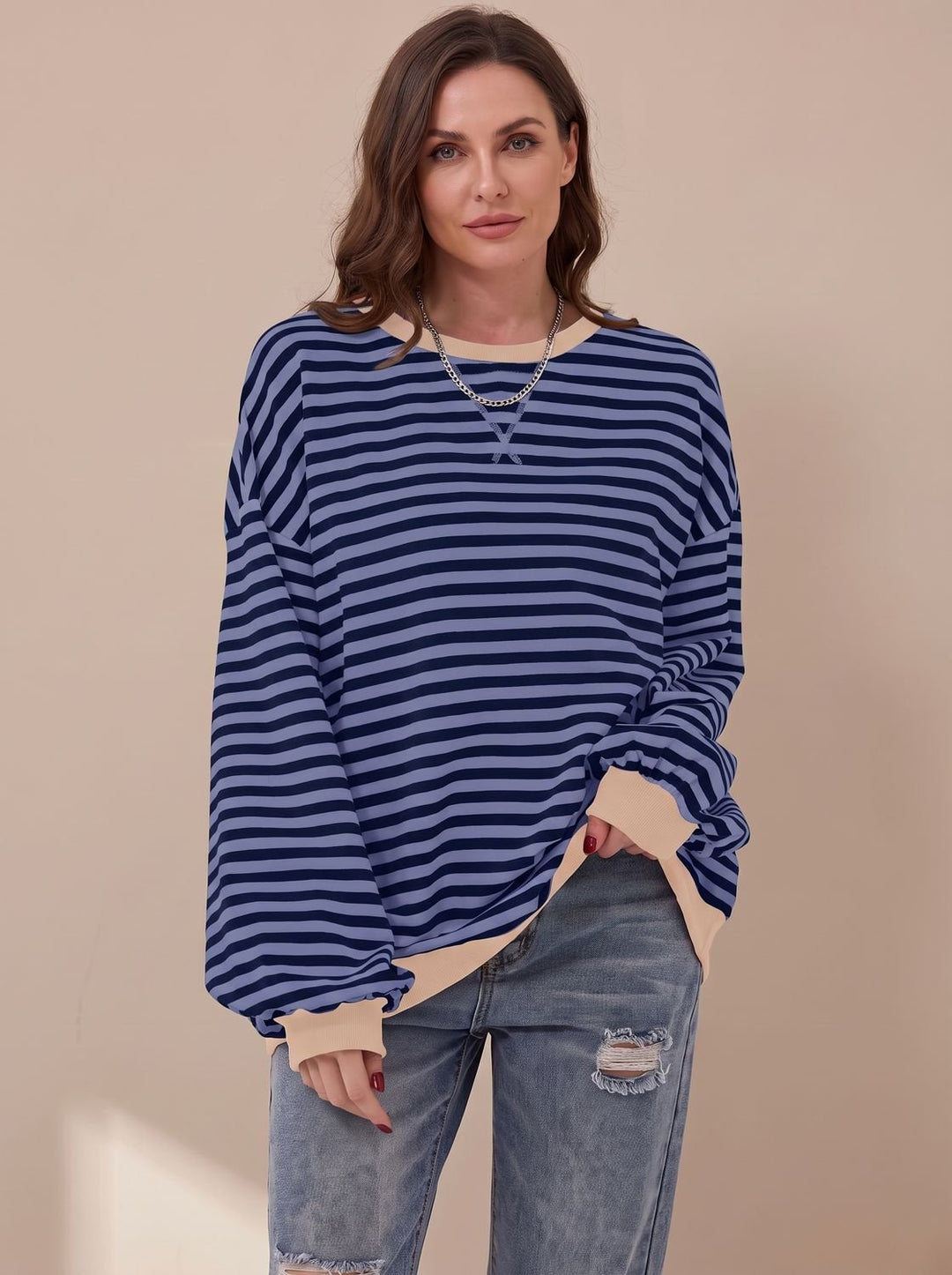 Dam oversize college-tröja retro ränder rund halsringning långärmad