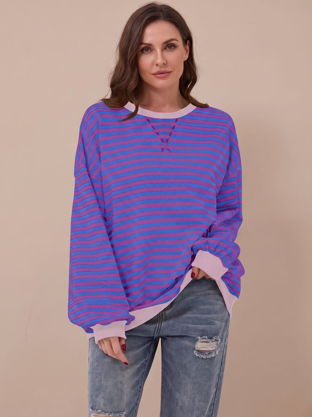 Dam oversize college-tröja retro ränder rund halsringning långärmad