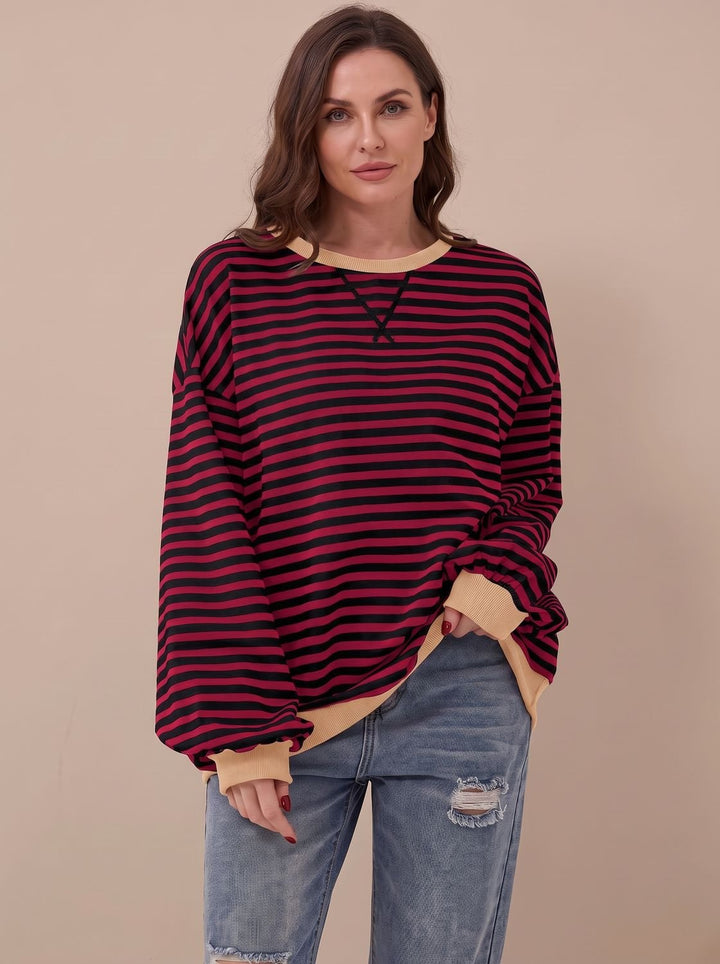 Dam oversize college-tröja retro ränder rund halsringning långärmad