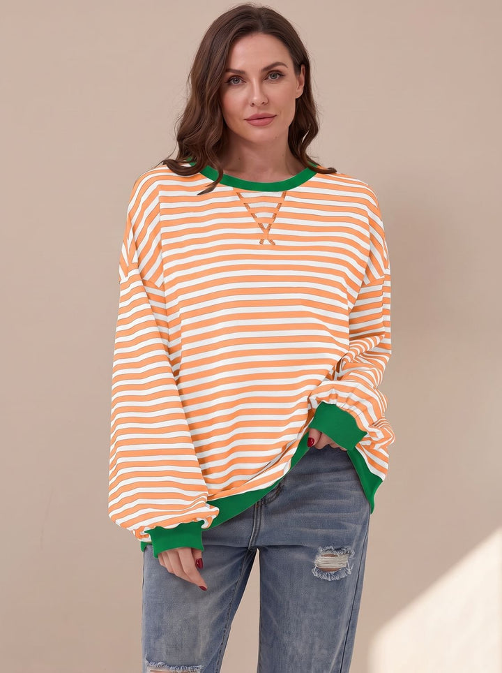 Dam oversize college-tröja retro ränder rund halsringning långärmad