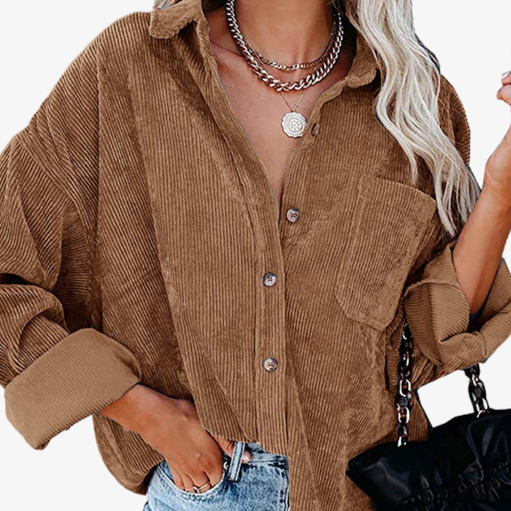 Dam oversize manchester skjortjacka med bröst ficka och knappslå