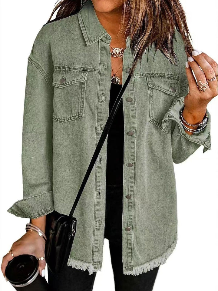 Dam oversize jeansjacka långärmad med knappslå och fransar