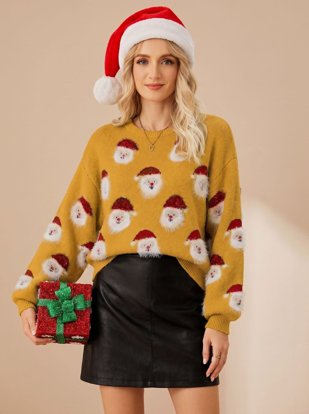 Dam oversize jul tröja med tomte mönster långärmad